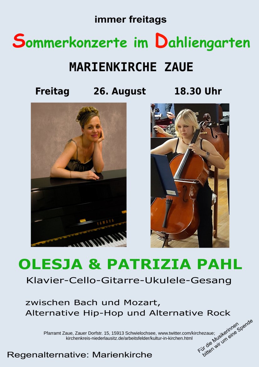 KircheZaue's tweet photo. #immer #freitags 18.30 Uhr #Sommerkonzerte #im #Dahliengarten #Zaue. Am 26.August mit Olesja und Patrizia #Pahl mit Klassik, #TwentyOnePilots, #PanicattheDisco https://t.co/dKQAv4Wkpf