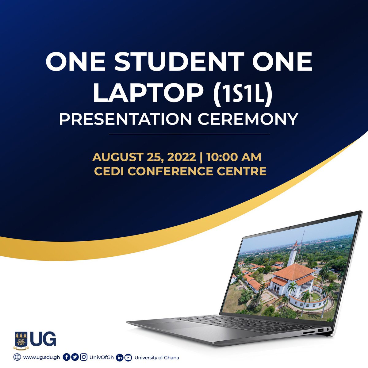 UnivGh_VC's tweet photo. At 10:00am today, I’ll be distributing the first batch of laptops under our ‘One Student One Laptop’ initiative to some identified needy students of @UnivofGh. I am thankful to organisations and individuals who have donated towards this worthy cause, so far. https://t.co/6FZ6DV7TtP