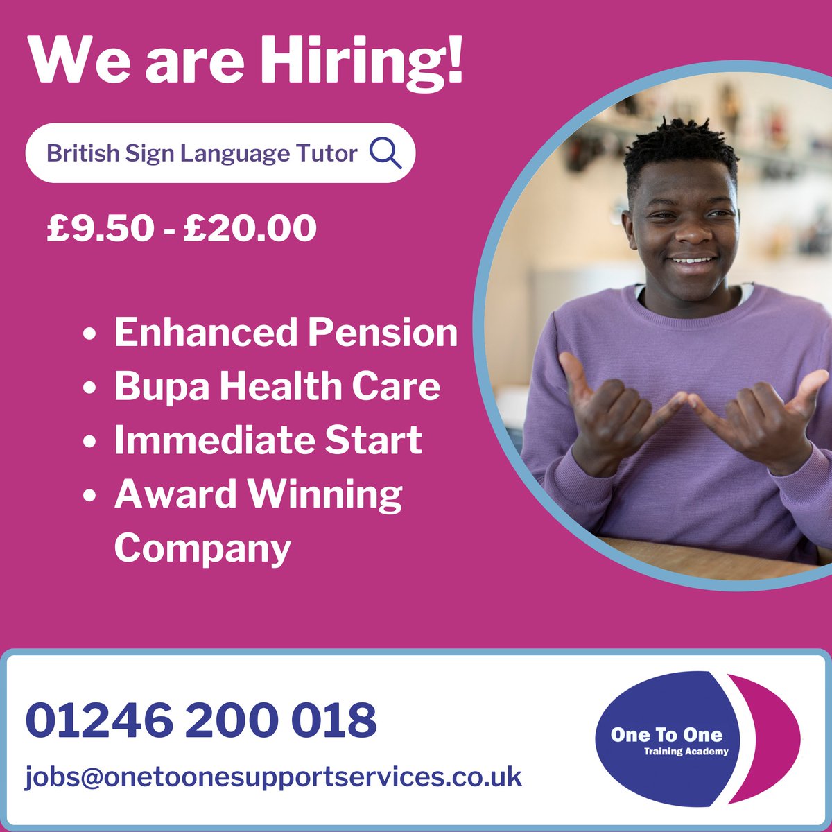 OneToOneSupport's tweet image. We are looking for British Sign Language (BSL) Tutors to join our fantastic Training Academy!

Applicants must hold a Level 3 or above BSL qualification.

£9.50 - £20.00 per hour

For more information or to apply; Call, Email or PM today!