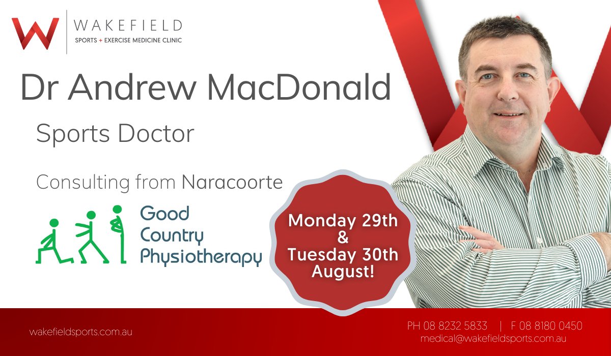 WakefieldSport's tweet photo. #SportsDoctor, Dr Andrew MacDonald, will be consulting from the Good Country Physio rooms in #Naracoorte
 
📅Monday 29th &amp; Tuesday 30th August | ⏰ 3:00 - 6:00pm 
 
To book an appointment, please call our city Wakefield Sports + Exercise Medicine Clinic team on 08 8232 5833! https://t.co/OxuRXdneiT