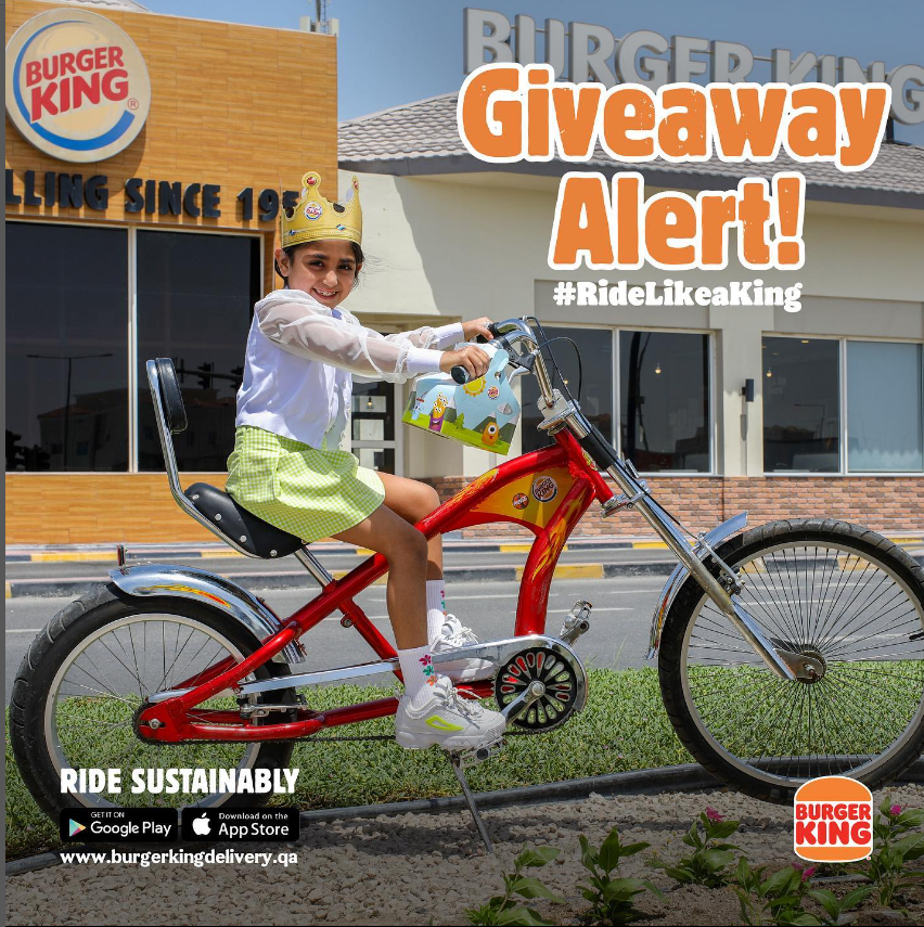 BurgerKingQatar's tweet photo. Ride on the sustainable movement with Burger King!

•Post a photo on your Twitter profile of your kid riding a bicycle
•Tag @burgerkingqatar
•Use the hashtag #RideLikeAKing

The top 2 engaging photos every week will win a Harley Davidson bike courtesy Burger King! 👑 https://t.co/xg7fOFk9r7