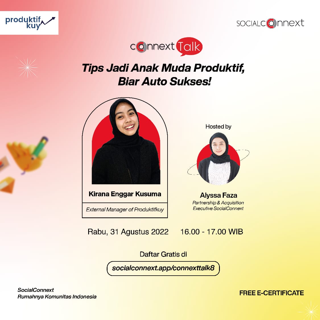 connext_app's tweet photo. Connext Talk kali ini akan mengupas tuntas tema yang penting yaitu “Tips Jadi Anak Muda Produktif, Biar Auto Sukses!” bersama narasumber inspiratif kak Kirana E. K. (External Manager @produktifkuy) dengan host @alyssafaza https://t.co/A3Ysonx7ND