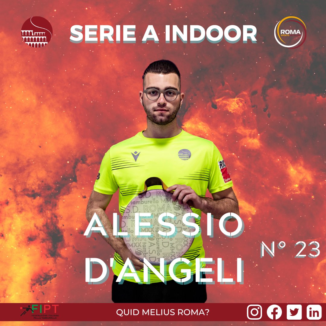 📣 𝑰𝑳 𝑽𝑬𝑻𝑬𝑹𝑨𝑵𝑶 #23 🚹
La ASD Roma Tamburello MMXX presenta Alessio D'Angeli !
🟡 Quarta partecipazione consecutiva in Serie A Indoor
🏆 Vittoria della Spring League 2022
🧠 ESPERIENZA
🟠 QUID MELIUS ROMA? 🔴
#romatamburello #SerieA #Indoor  #RomaSportsNetwork