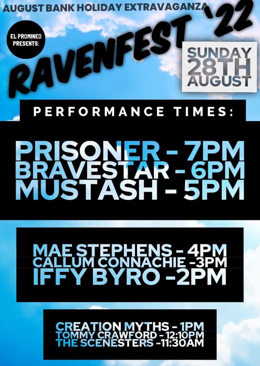 Performance times for this Sunday’s RavenFest22, absolutely not to be missed, raising money for #Bemorefab and #Lakelands hospice #mustash #prisoner #bravestar #maestephens #callumconnachie #iffybyro #creationmyths #tommycrawford #thescenesters