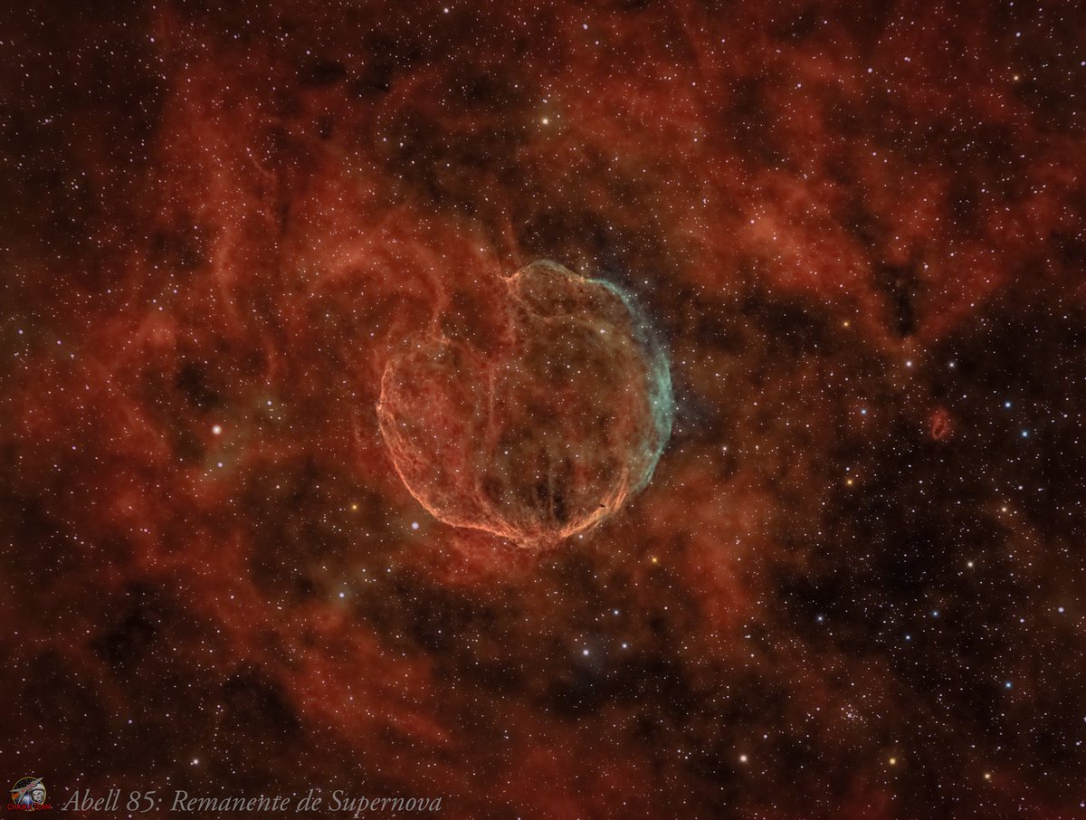 ChaikaTeam's tweet photo. Abell 85. Remanente de supernova en Casiopea que fue catalogada en principio como nebulosa planetaria, ahí su inclusión en el catalogo Abell. Imagen tomada con filtros de banda estrecha, Ha, OIII y SII, con un total de 21 horas de captura. #cielosESA @PlanetarioMad @agomezroldan https://t.co/bFhIUBKx3h