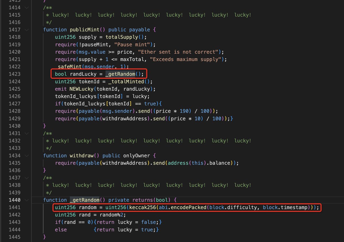 攻击者的合约也实现了一个 _getRandom()，当返回 lucky=true 了，再去循环的调用你合约里的 publicMint() 就行了。