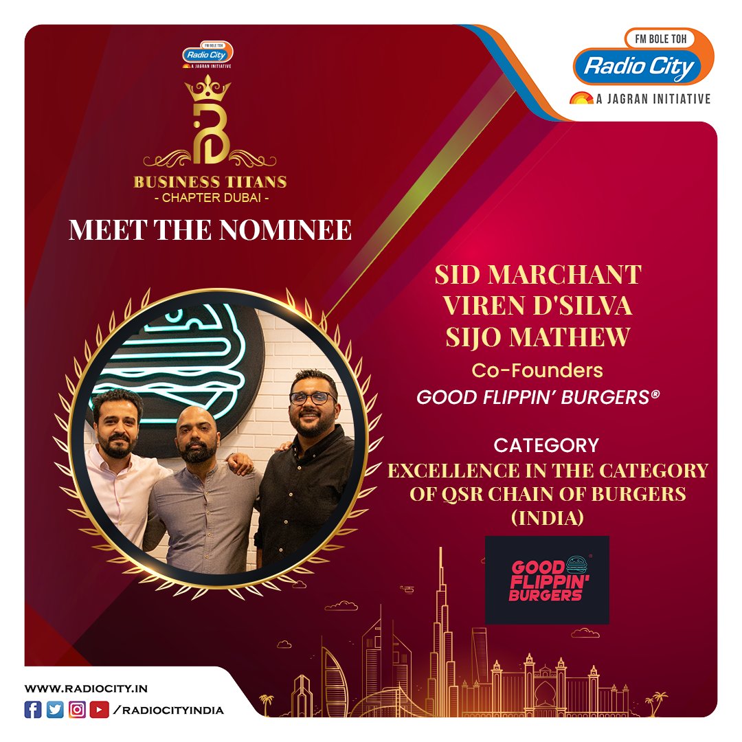 radiocityindia's tweet photo. Radio City #BusinessTitansAwards is here to commemorate business leaders and innovators of India

Good Flippin' Burgers is nominated for 'Excellence in the Category of QSR Chain of Burgers (India)'
https://t.co/CvoN66VY3Y

#GoodFlippinBurgers #GoodFlippinLife #LovefromGoodFlippin https://t.co/8vOJ9T7QC0
