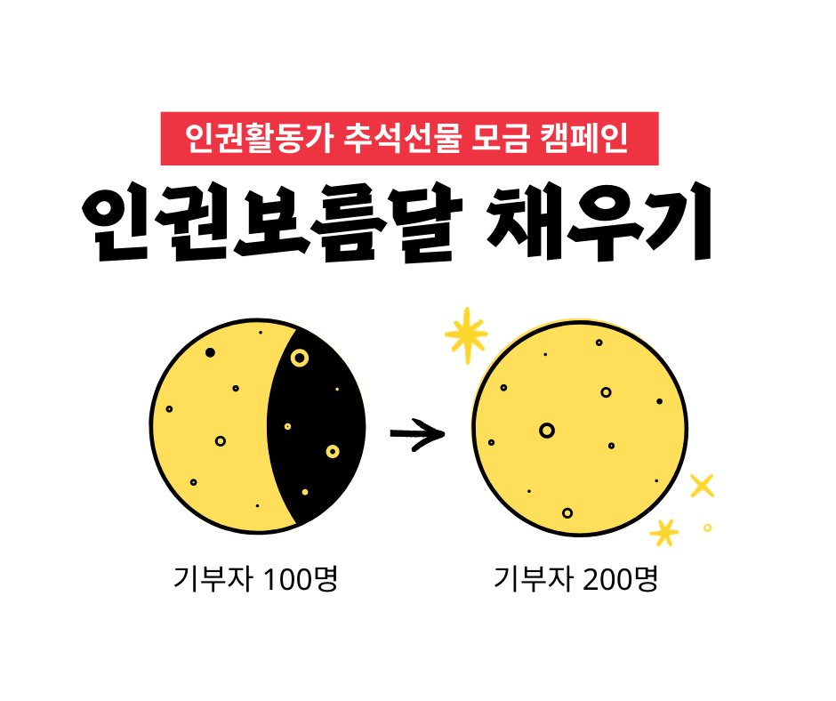 #인권활동가추석선물나눔 
다가오는 추석, 인권활동가를 응원하는 마음으로 아직 반달인 인권보름달을 채워주세요! 🌗👉🌝 
✅추석선물 모금 캠페인 참여하기 : bit.ly/3ALRmhl