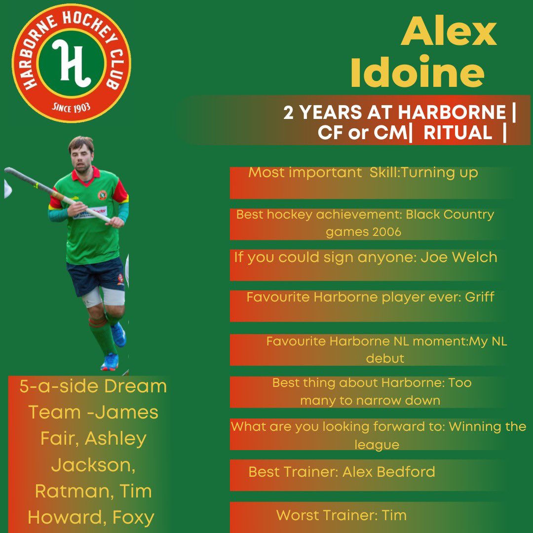 HarborneHC's tweet photo. He’s travelled all over the world to play hockey, although 24 hours in New Zealand hardly counts. After years of flirting with us, he made his comeback last season and claims to be better than Jacko. It’s our 3rd favourite Idoine, Alex! #HHCM1 #bleedgreen @Y1Hockey @Tim_idoine https://t.co/7AO38mi6TR