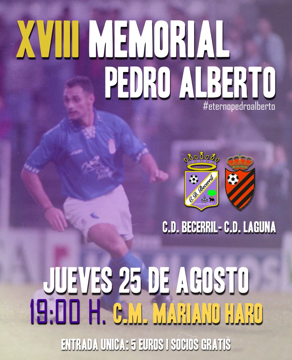 ¡¡HOY JUGAMOS!! ⚽️

XVIII MEMORIAL PEDRO ALBERTO

🕖 19:00h.
🏟 Mariano Haro
🆚 <a href="/CDLaguna_Info/">CD. Laguna</a> 

🎟 Entrada única: 5€
🆓 Socios gratis

#VamosBece 💜 #LaMagiaQueNosUne 🪄 #eternopedroalberto