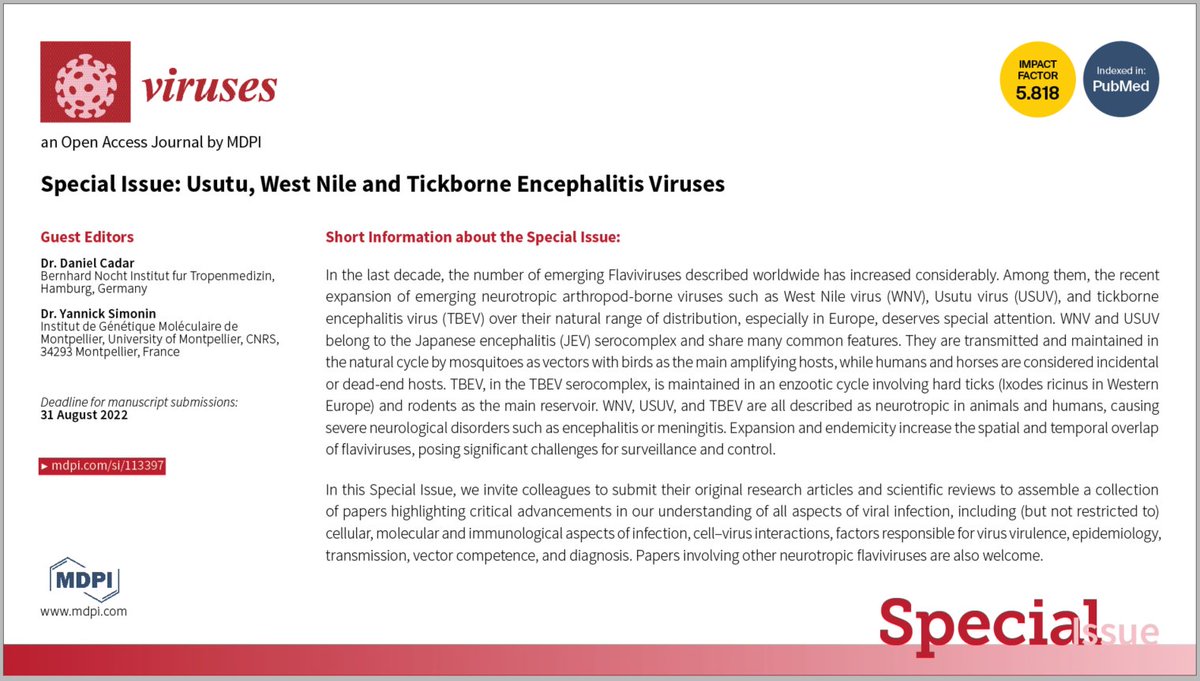 The number of emerging #Flaviviruses has increased considerably. Recent expansion #WestNilevirus, #Usutuvirus, and #tickborne #encephalitis virus deserves special attention, and our #SpecialIssue on this topic is still open for submissions!

👉mdpi.com/journal/viruse…

Submit now!