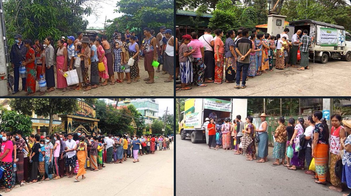 eushwan's tweet photo. People queueing to buy palm oil sold by the Myanmar Edible Oil Dealers Association has become a regular sight in Yangon. It is sold under a quota of 1 viss (1.6 kg) per person for 5,000 kyats per viss. #2022Aug25Coup #WhatsHappeningInMyanmar https://t.co/Ycc4j61NjM