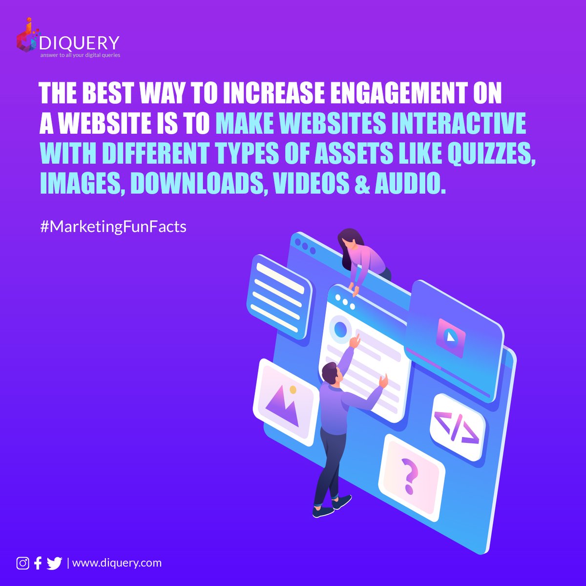 Diquerydigital's tweet photo. A higher interactive rate lowers the chances of bounce rate on a website!
#PostEngagements #postreach #engagementreach #engagement #website #interactiveassets #images #video #quizzes #marketingvideo #MarketingDigital #marketingtips #DigitalMarketing #DiqueryDigital https://t.co/a8K1AhTpto