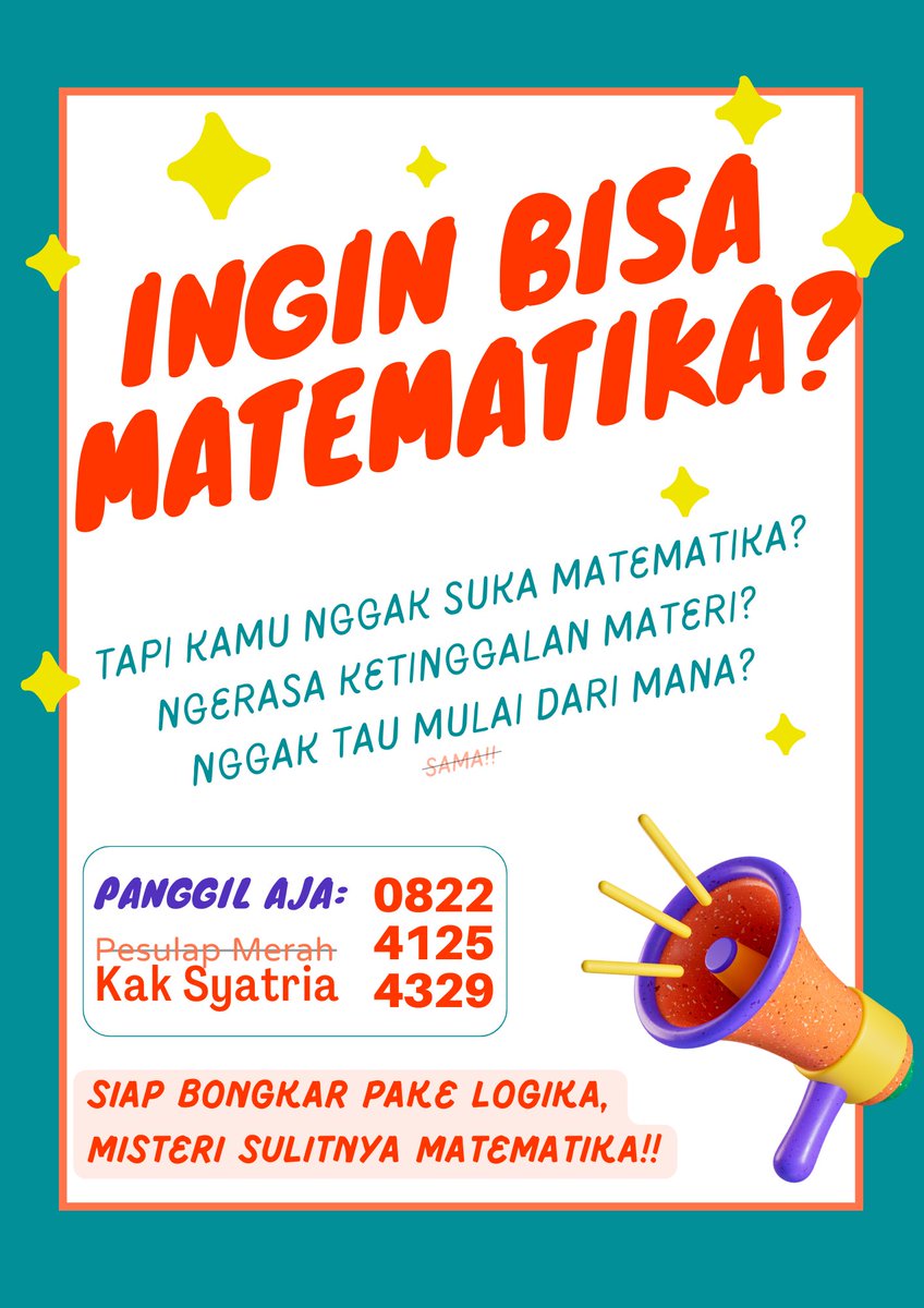Praise_22's tweet photo. Matematika itu menyenangkan bukan? BUKAN!!

Matematika itu menyebalkan? Iya deh.

Tapi ada caranya kok, biar kamu bisa paham matematika sekalipun sebel &amp; merasa matematika itu rumit. Gak pake ribet!

Langsung hubungi aja ke nomor:
082241254329-Kak Syatria
085794294109-Kak Praise https://t.co/QOtLCM5mS0