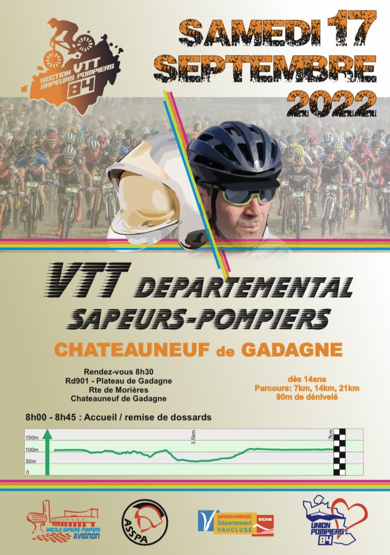 🚴‍♂️ [SPORT] 🚴‍♀️ Course de #VTT organisée par les pompiers d’Avignon le samedi 17 septembre de 9h à 12h sur #Gadagne #Morières suivie d’un repas cohésion ! Ouvert aux SP du <a href="/sdis84/">SDIS de Vaucluse-84</a> <a href="/udsp84/">UDSP84</a> uniquement, parcours facile, inscriptions auprès de l’ASSPA 🔥