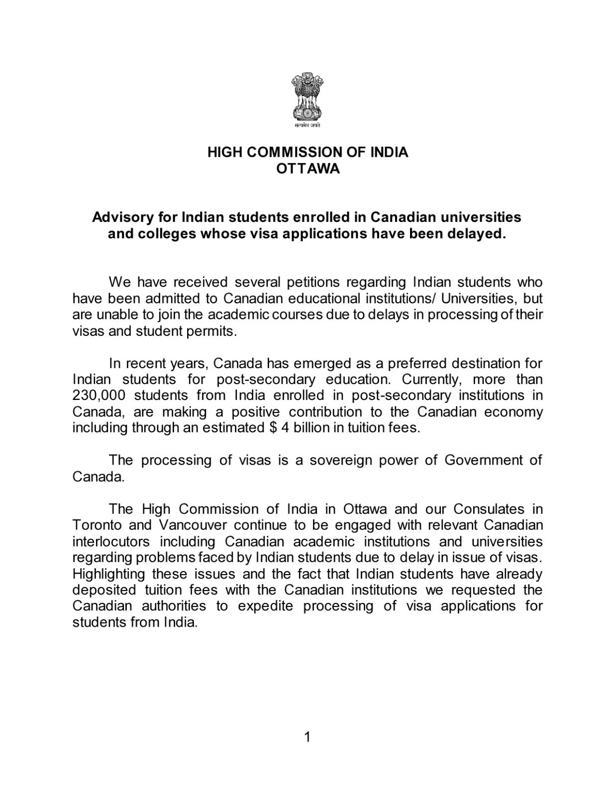 DD India en Twitter: ".@HCI_Ottawa issues advisory for Indian students enrolled in Canadian universities and colleges whose visa applications have been delayed. https://t.co/Wm3DWSuK2g" / Twitter
