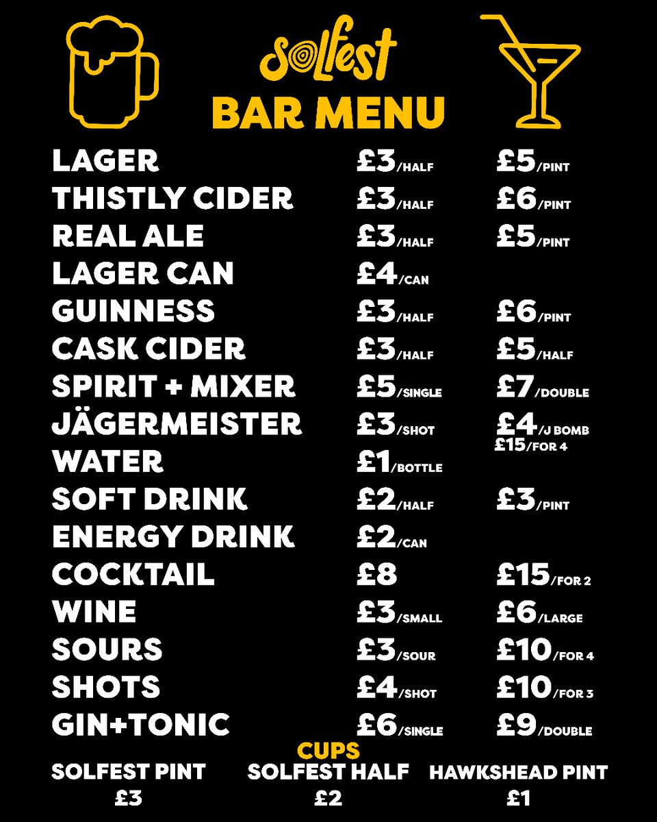Hi Everyone! Here is the bar menu for Solfest 2022! ☀️🎪

- Lagers - Madri, Carling
- Spirits - Jack Daniels, Smirnoff, Bacardi, Bacardi spiced, Gordon's Gin, famous grouse 
- Thistly Cross Cider

See you at Solfest! ☀️🎪