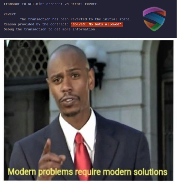 Solve3_org's tweet photo. The @0xPolygon #BUIDLIT hackathon is over and we continue our work. Today we improve the contracts to make them nicer to implement and easier to update. 
The first beta test will be in a few weeks. The goal: protect an #NFT sale from bots and get feedback from the #NFTCommunity. https://t.co/vxsTNlbLXq