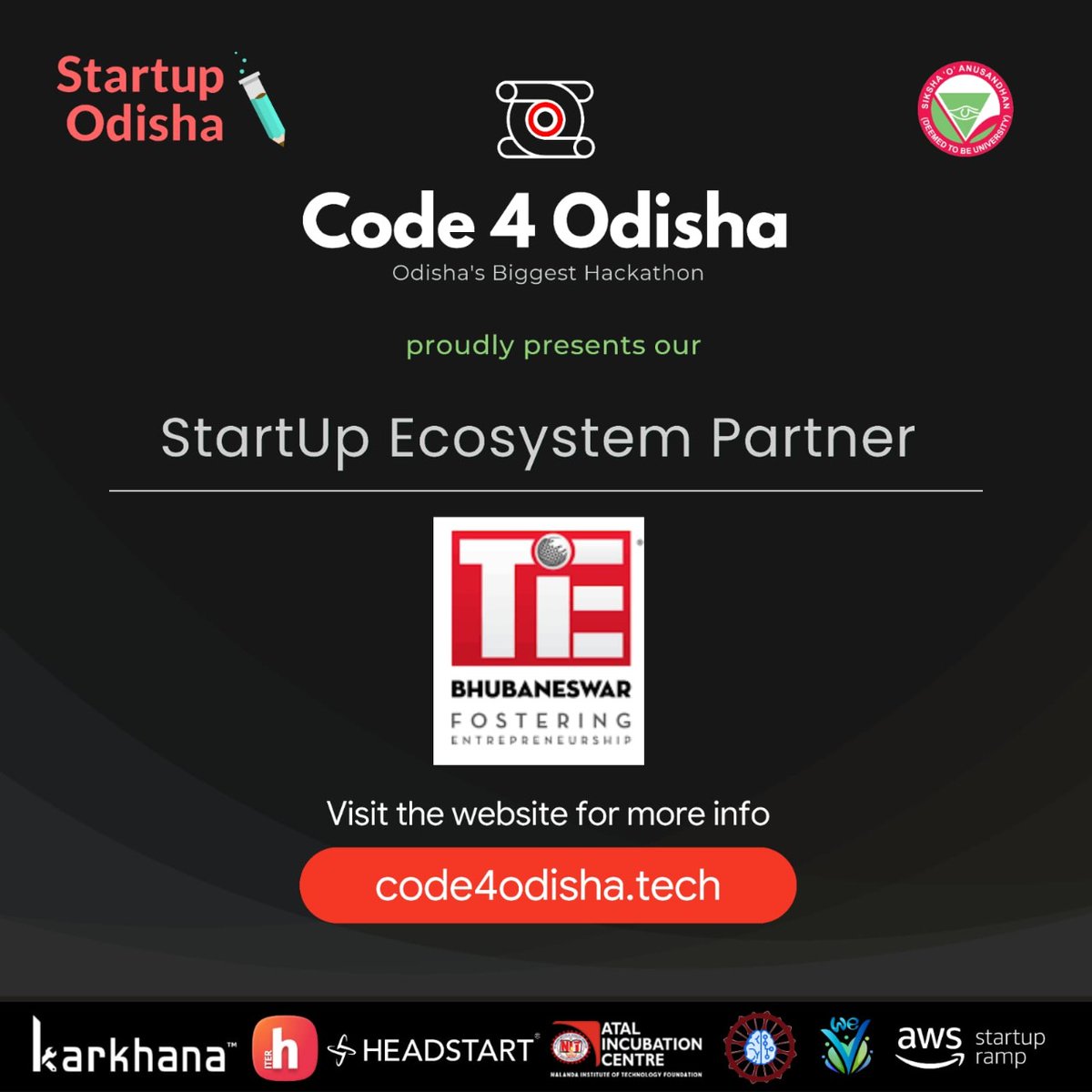 code4odisha's tweet photo. We are elated to announce TiE Bhubaneswar as the StartUp Ecosystem Partner for Code 4 Odisha.✨For more information, visit: https://t.co/MaFumhm2YB

Follow @code4odisha for further updates. ✨

#Code4Odisha #InnovateForOdisha
#SOAFabLab #HackClubITER #SOA #ITER #Hackathon #Events https://t.co/lycpNmSw5q