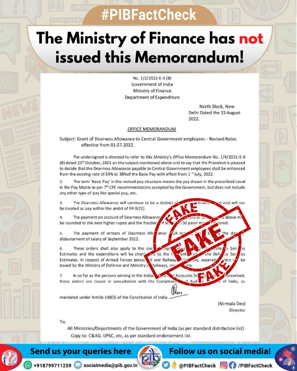 A #Fake order circulating on #WhatsApp is claiming that the additional instalment of Dearness Allowance will be effective from 01.07.2022

#PIBFactCheck

▶️Department of Expenditure has not issued any such order

<a href="/FinMinIndia/">Ministry of Finance</a>