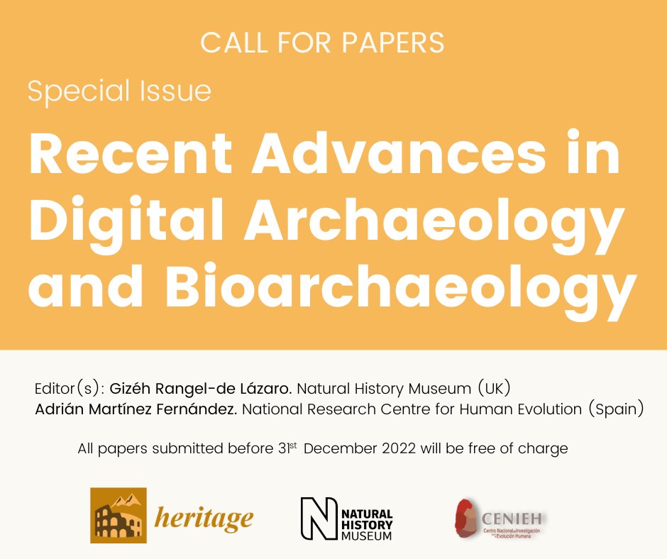📢#CALLFORPAPERS
We have paired with <a href="/Heritage_MDPI/">Heritage MDPI</a> to edit the Special Issue Recent Advances in Digital Archaeology and Bioarchaeology. 
🧵
#digitalarchaeology #digitalbioarchaeology #photogrammetry #3Dscanning #XCT #3D #GM #VR #AR #GIS #digitalcommitment #ethics #preservation