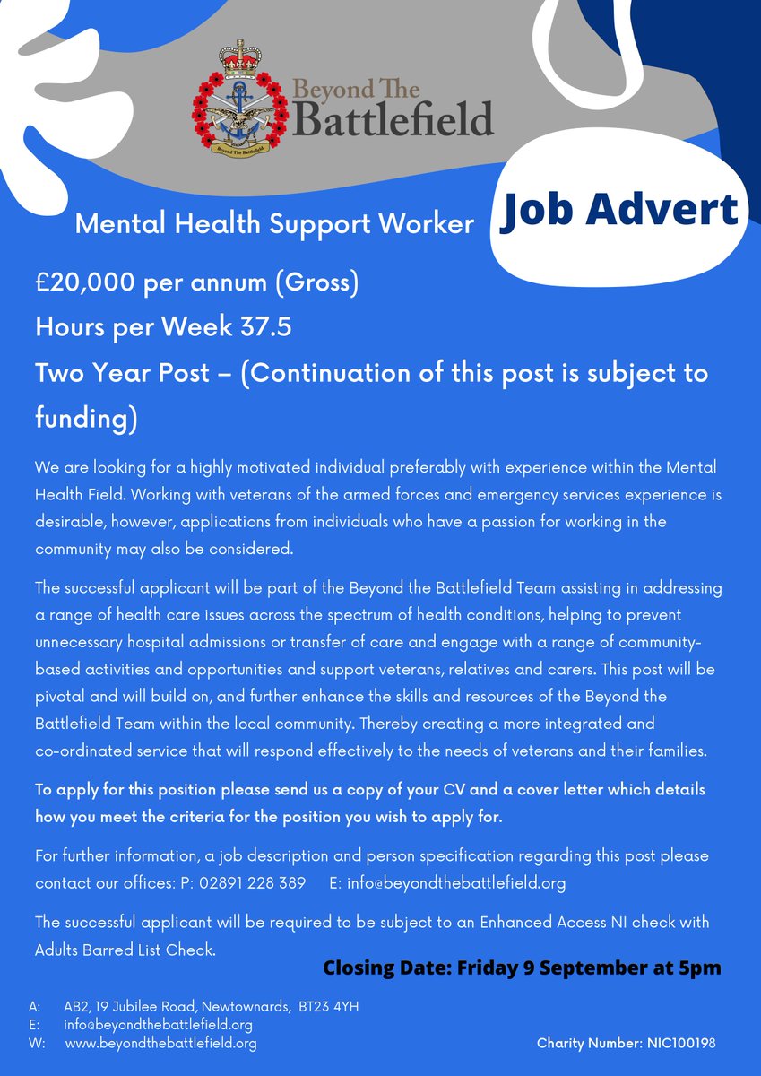 Job Opportunity!

<a href="/VeteransCentre/">BeyondTheBattlefield</a> are seeking a Mental Health Support Worker to join their team! Full job description &amp; person spec available here:

nivso.org.uk/job-opportunit…

For further info contact Beyond the Battlefield
Phone 028 912 28389 or email info@beyondthebattlefield.org