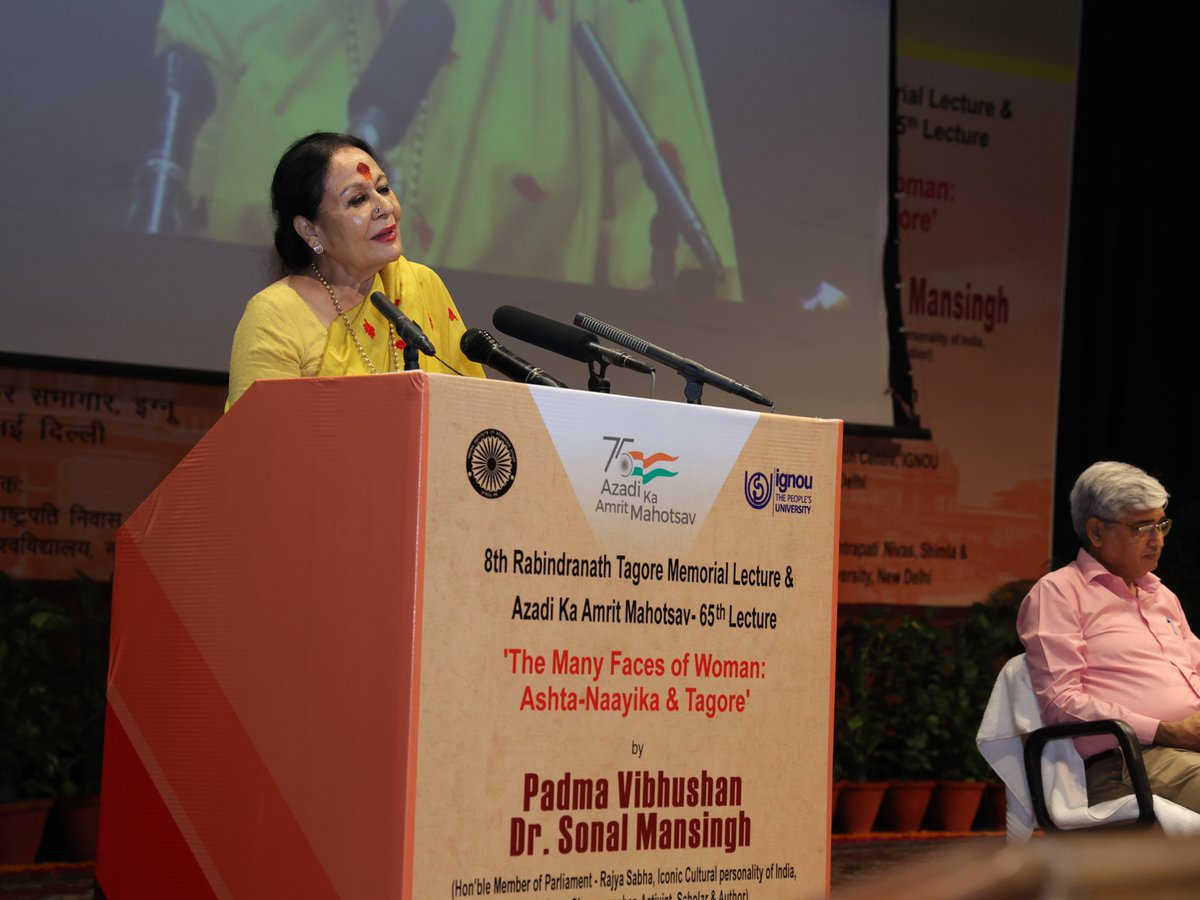OfficialIGNOU's tweet photo. 8th Rabindranath Tagore Memorial Lecture

Padma Vibhushan and iconic cultural personality of India Dr. @sonal_mansingh, Rajya Sabha MP delivered the lecture on "The Many Faces of woman: Ashta-Naayika and Tagore" https://t.co/dd6ePeMEbe