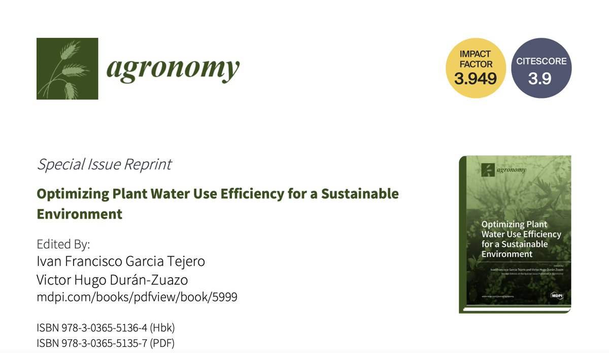 Just published our last book "Optimizing Plant Water Use Efficiency for a Sustainable Environment" Here you will find very interesting works developed by colleagues such as <a href="/LeontinaLipan/">Leontina L.</a> <a href="/mireiacorell/">Mireia</a> <a href="/SarayGGordillo/">Saray Gutiérrez-Gordillo</a> @MaraJosMartnPa2 and others
mdpi.com/books/pdfview/…
<a href="/agronomy/">Turfgrass</a>
