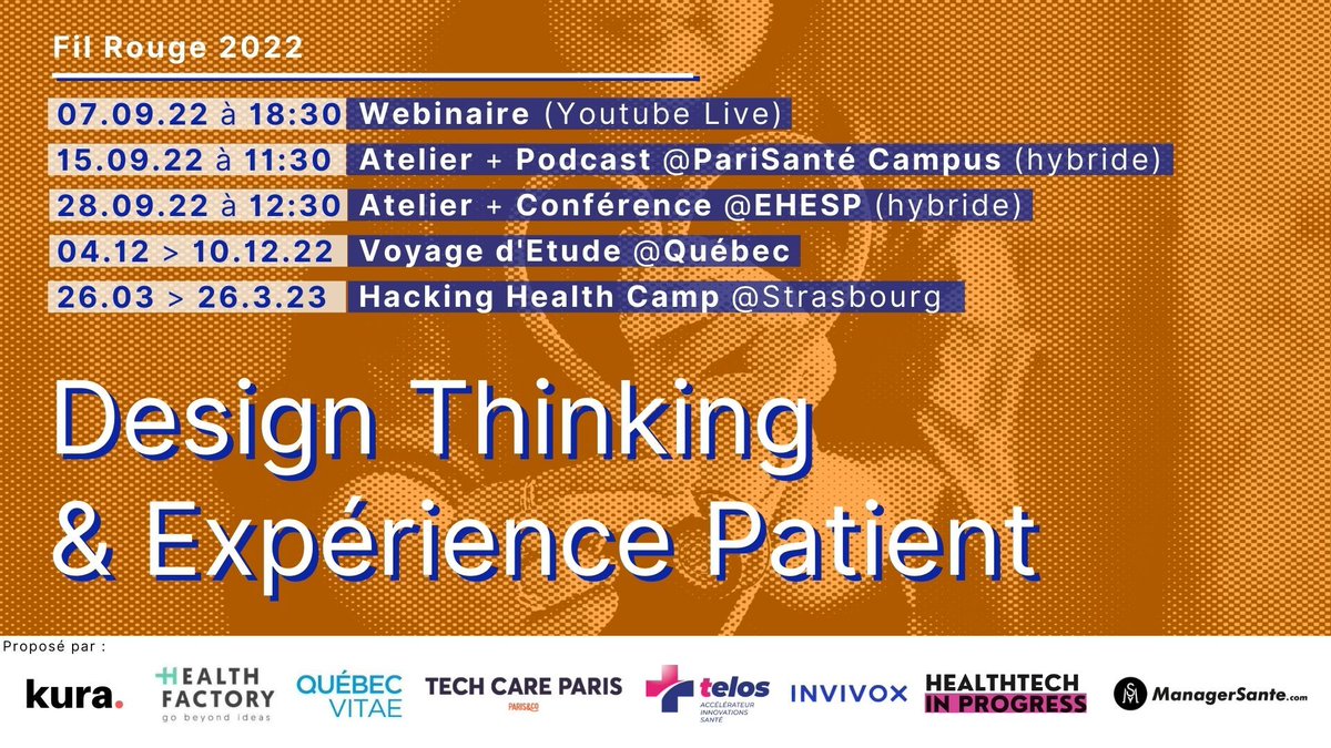 HackingHealthEU's tweet photo. 🇨🇦 𝗙𝗶𝗹 𝗿𝗼𝘂𝗴𝗲 𝗘𝘅𝗽𝗲́𝗿𝗶𝗲𝗻𝗰𝗲 𝗣𝗮𝘁𝗶𝗲𝗻𝘁 𝗤𝘂𝗲́𝗯𝗲𝗰 𝟮𝟬𝟮𝟮
#design4PX #DesignThinking #Santé #HealthTech #Healthcare

🤯 Comment co-créer un service de santé avec ses futurs utilisateurs ?

🎯𝗗𝗲́𝗰𝗼𝘂𝘃𝗿𝗲𝘇 𝗹𝗲 𝗣𝗿𝗼𝗴𝗿𝗮𝗺𝗺𝗲 𝗰𝗼𝗺𝗽𝗹𝗲𝘁!👇 https://t.co/HjjfdgzU00