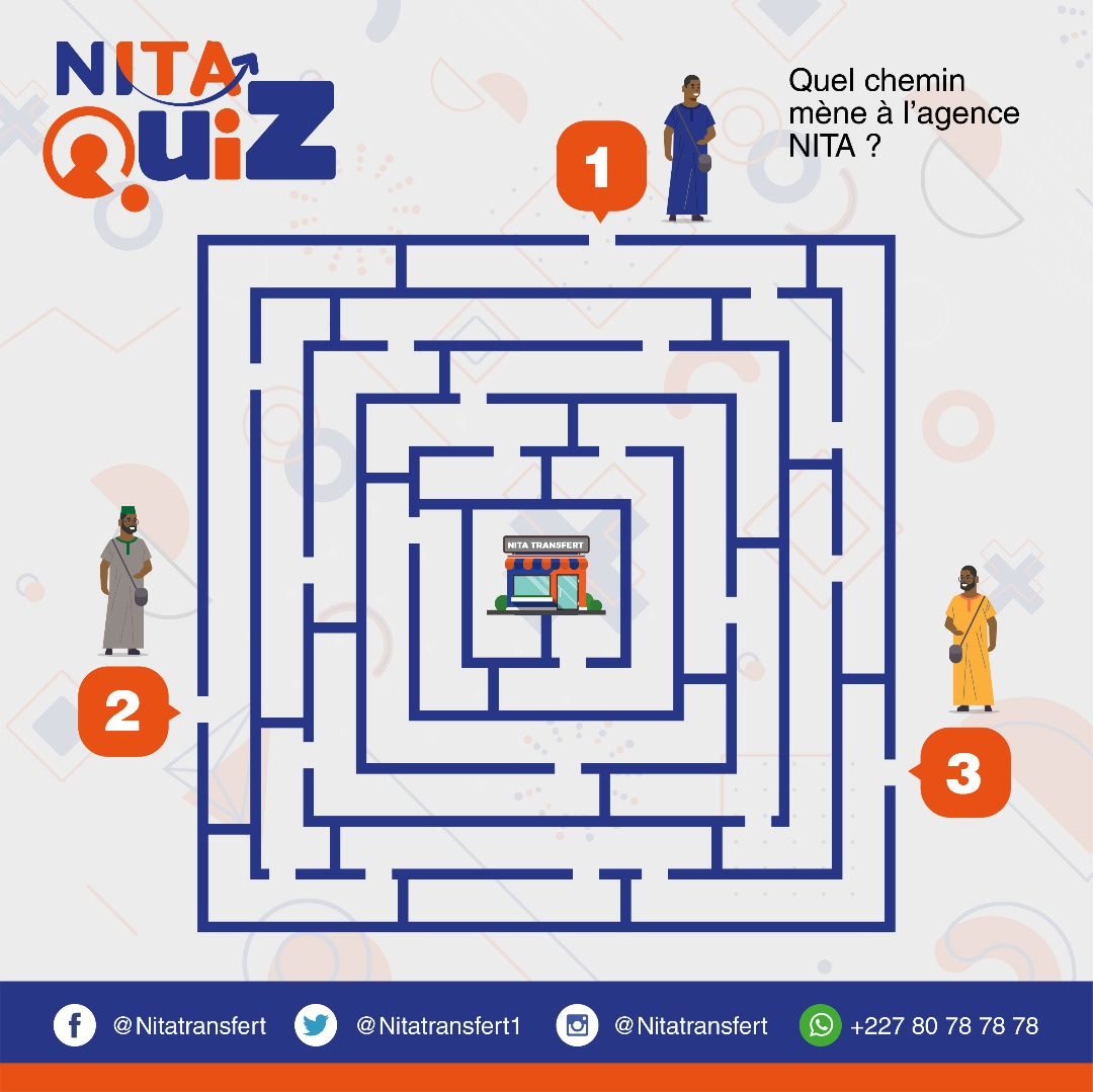 [ #NitaQuiz ] 🧩 

C'est déjà Jeudi et c'est le Quiz 🥳, trouvez le chemin qui mène à l'agence NITA. Top 🏁

Téléchargez MyNita au lien : mynita-app.com

Contactez notre service client : +227.80787878

#NITA , le Transfert le plus Fiable au Niger 🇳🇪