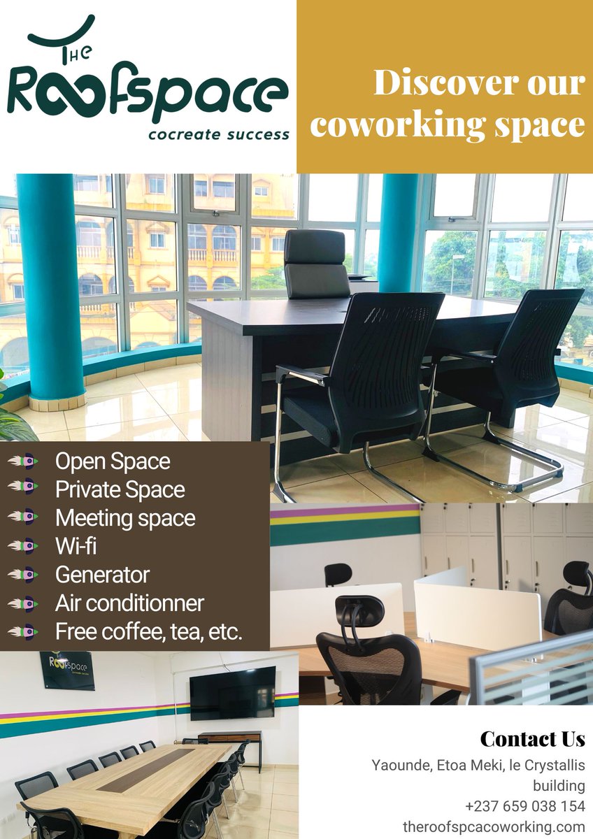 Nous vous offrons un service de qualité et un confort absolu. Réservez votre espace de travail via le lien👉 forms.gle/VKLaPyqeLe31gp… ou dans nos locaux, à Etoa-Meki, Yaoundé. 
#theroofspace #coworking #CoworkingSpace #coworkingplace #coworkingoffice #thursday #Yaounde