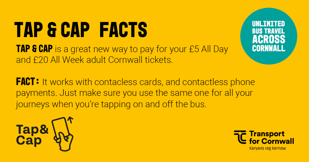 GoCornwallBuses's tweet photo. Whether you prefer to use your card, phone or watch, stick to the same method of payment each time you use Tap & Cap to get the best value fare.
#TapAndCap https://t.co/JU7QRmFT6m