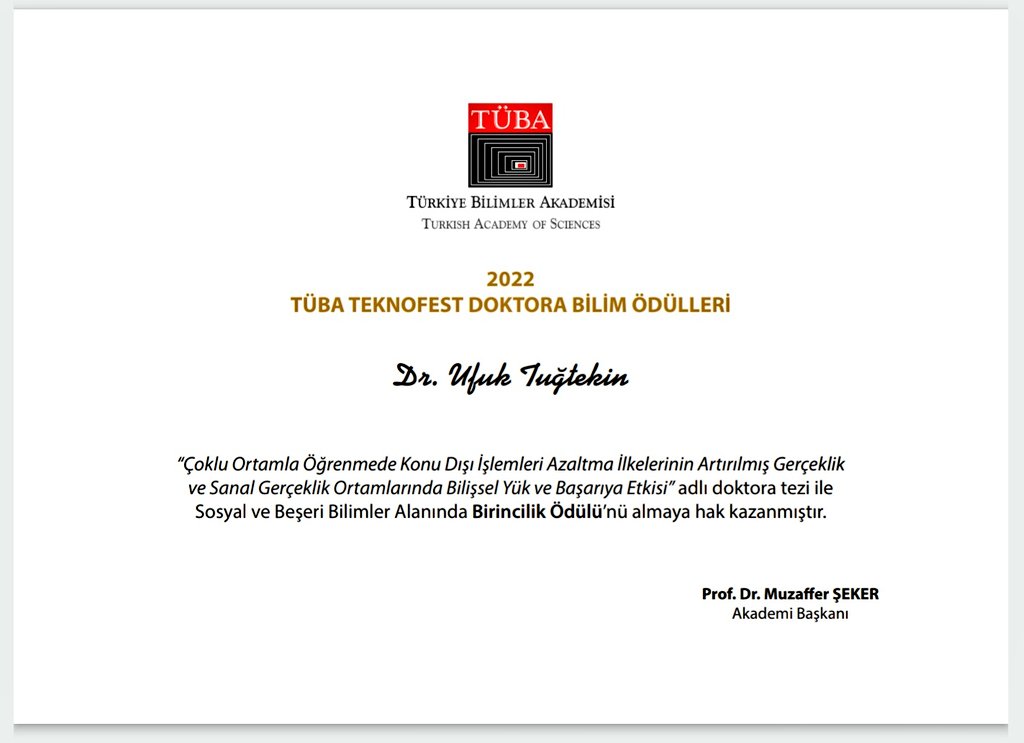 Thrilled to announce that I've been granted The Doctoral Dissertation Award by <a href="/TUBAakademi/">TÜBA</a> <a href="/teknofest/">TEKNOFEST</a>! Special thanks to my PhD supervisor <a href="/fodabasi/">h.ferhan odabaşı</a> who made this extraordinary challenge achievable for me and thanks to <a href="/Anadolu_Univ/">Anadolu Üniversitesi</a> for fruitful and phenomenal R&amp;D experience!