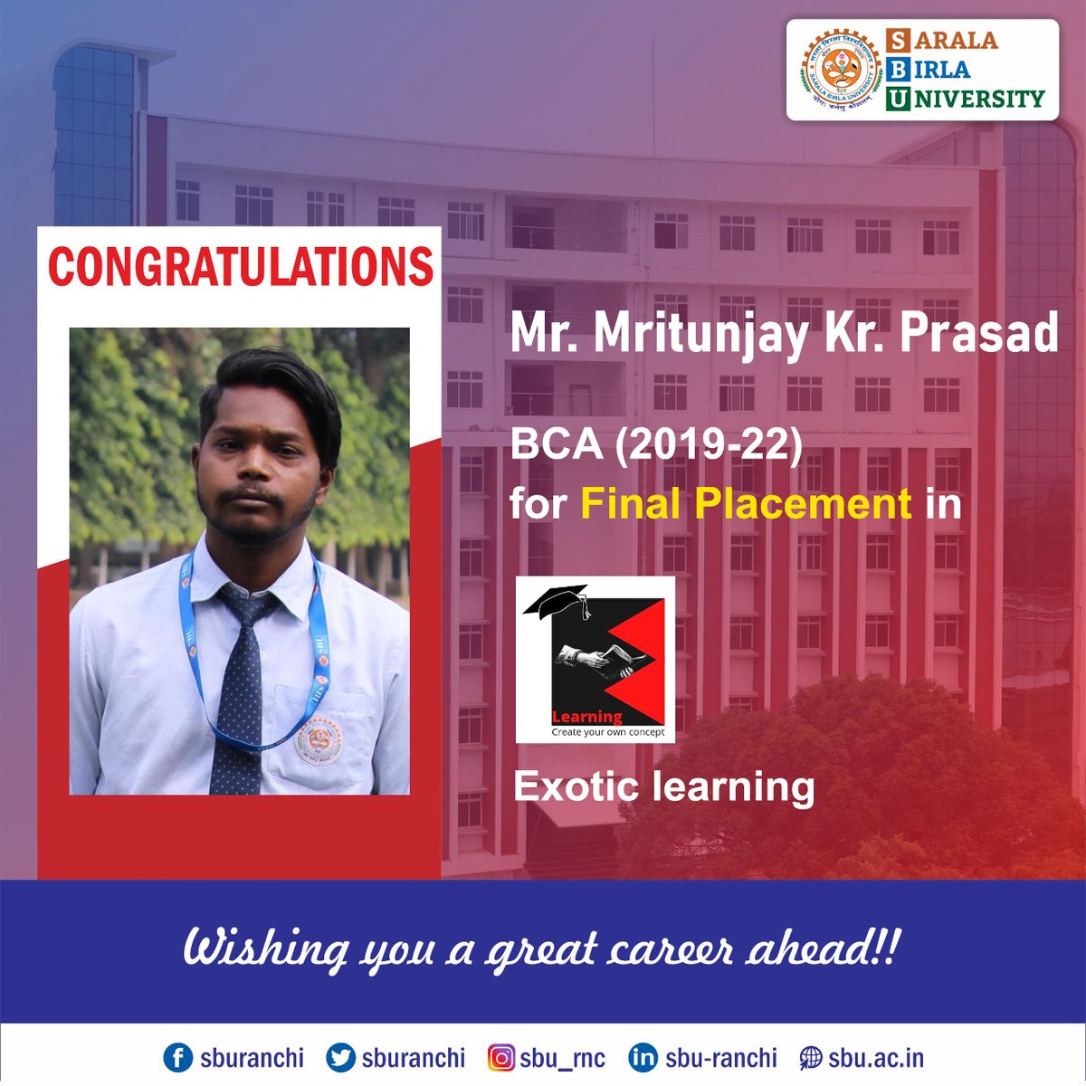sburanchi's tweet photo. Congratulations to our BCA 2019-22 Batch students for their Final Placement in Exotic Learning.
#sbu #sburanchi #campusplacement #finalplacement #BCA #bcaplacement #exoticlearning https://t.co/15MkeYJRy1
