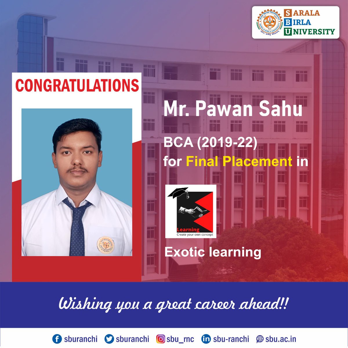 sburanchi's tweet photo. Congratulations to our BCA 2019-22 Batch students for their Final Placement in Exotic Learning.
#sbu #sburanchi #campusplacement #finalplacement #BCA #bcaplacement #exoticlearning https://t.co/15MkeYJRy1