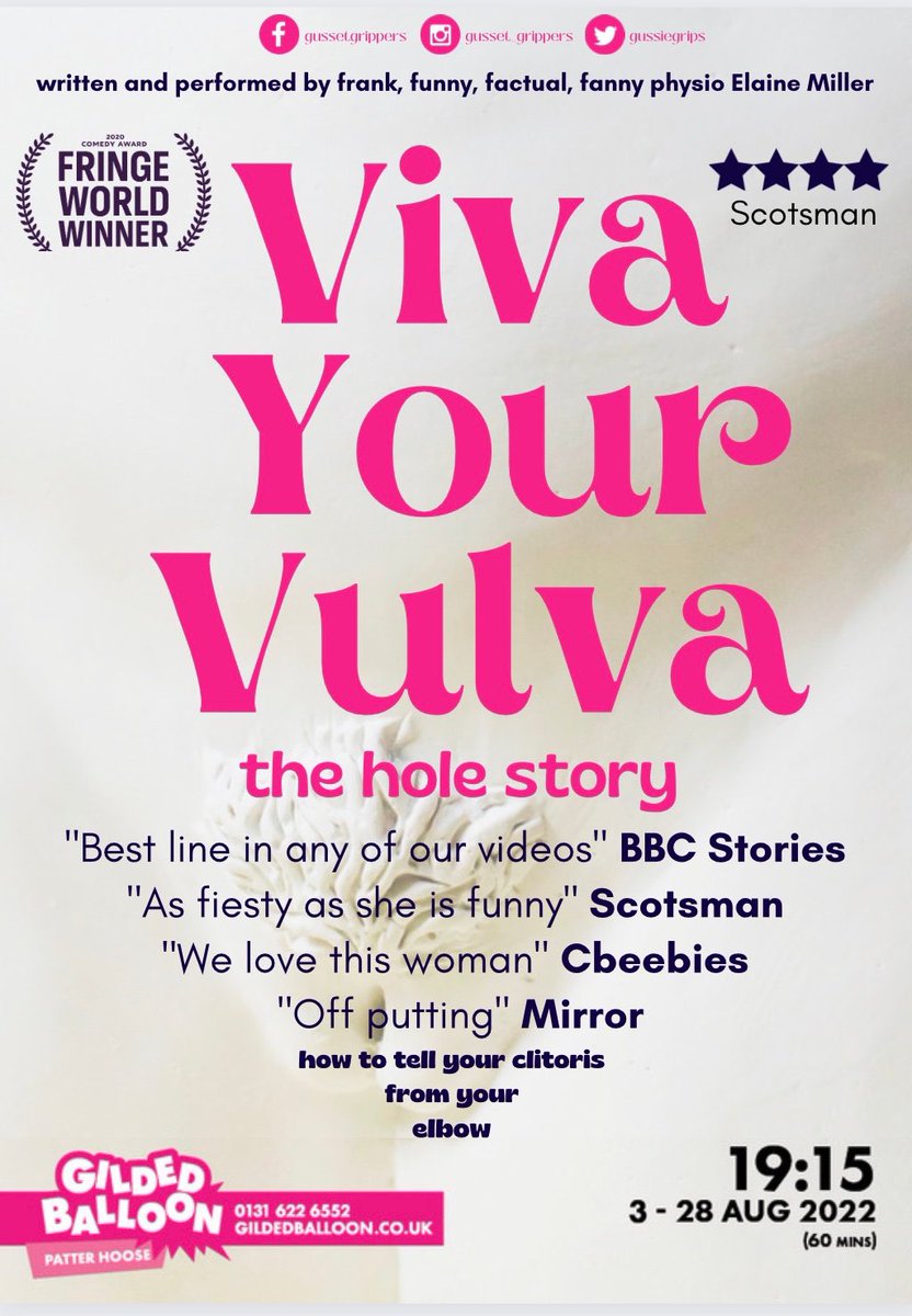 1/ Recently I had the pleasure of going to see the superb “Viva Your Vulva: the whole story” by the equally superb Elaine Miller <a href="/GussieGrips/">Elaine Miller | Venus Envy</a> at the Edinburgh Fringe. I thoroughly recommend going to see this show. It is an education about the anatomy and function of the vulva . .