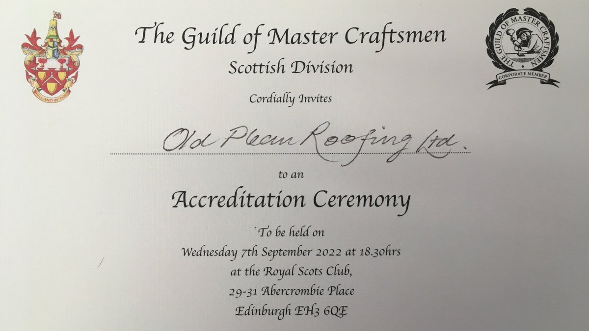 Our founders Fiona and Mark Thornton will be heading to a ceremony hosted by <a href="/Guild_MasterC/">The Guild of Master Craftsmen</a> next month.
They've been invited to an Accreditation Ceremony after becoming the first Scottish specialist roofing firm in 7 years to be accredited in recognition of their high standards.