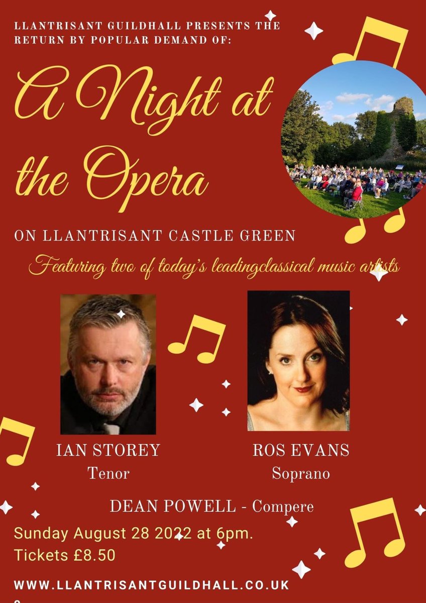 A touch of Glyndebourne is coming to Llantrisant this Bank Holiday weekend when A Night at the Opera is held on the Castle Green.
The outdoor concert on Sunday evening will feature soprano Ros Evans and tenor Ian Storey. 
Tickets available online at llantrisantguildhall.co.uk