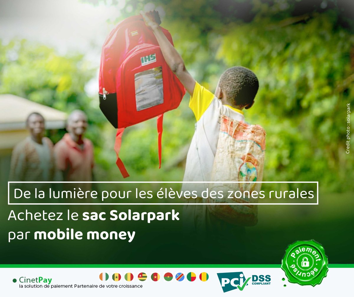cinetpay's tweet photo. Rentrée scolaire 2022
Soutenez l’éducation dans les zones rurales en achetant les sacs SOLARPARK pour vos enfants par
mobile money via la solution de paiement en ligne CinetPay.
Commandez et achetez ici :https://t.co/ulyrG4VP7t
#Solapark #Cintepay #rentréescolaire #fintech https://t.co/YXQHaHcsh4