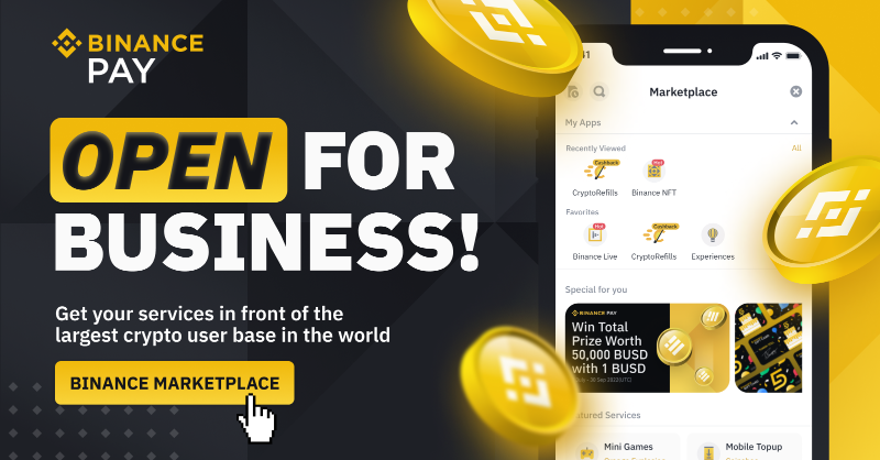 binance's tweet photo. The #Binance Marketplace. A platform providing a seamless gateway for merchants to connect with thousands of daily crypto users worldwide. 

Find out how to get your business listed on Binance Marketplace and some of the benefits that come along with it 👇