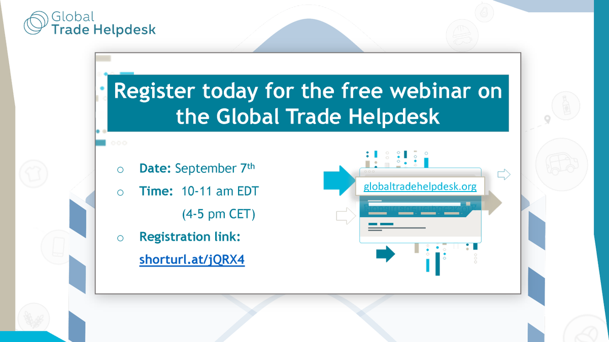 ITC_MktAnalysis's tweet photo. SAVE THE DATE 🙌

for the next free webinar on ITC's Global Trade Helpdesk. Discover a world of trade opportunities in 1 user-friendly place with detailed info about imports, market dynamics, tariffs &amp; much more!

📆 07/09/2022 at 10am EDT
📝 Register here https://t.co/X7ZO28fkFf https://t.co/vuwHZkpANk