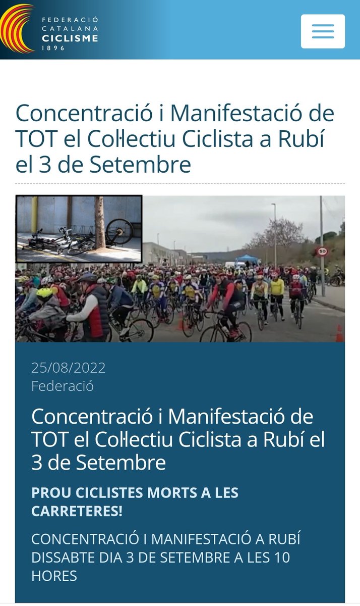 OutsideBegues's tweet photo. 🚴La Federació Catalana de Ciclisme convoca tot el col·lectiu ciclista català a una manifestació per reivindicar més seguretat a les vies públiques davant les morts de ciclistes a les carreteres com l'atropellament a Castellbisbal. 

📆Dissabte 3 de setembre
📍Rubí https://t.co/vgsKDaiLRo