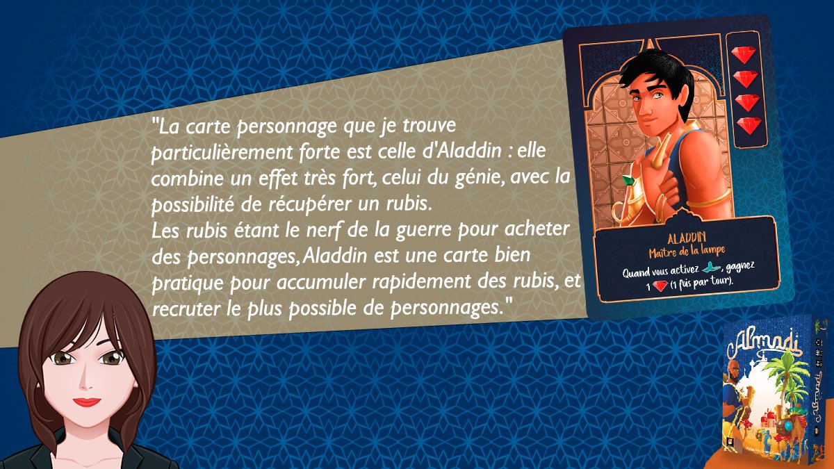 FunnyfoxGames's tweet photo. 🌙 Nos personnages préférés d'#Almadi 🌙  
L'équipe #Funnyfox vous partage leur personnage préféré des 1001 nuits d'Almadi !
Aujourd'hui, Aude vous parle de la carte Personnage d'Aladdin 🧞 ! 
#j2s #Boardgames https://t.co/qzkgRNl1gQ