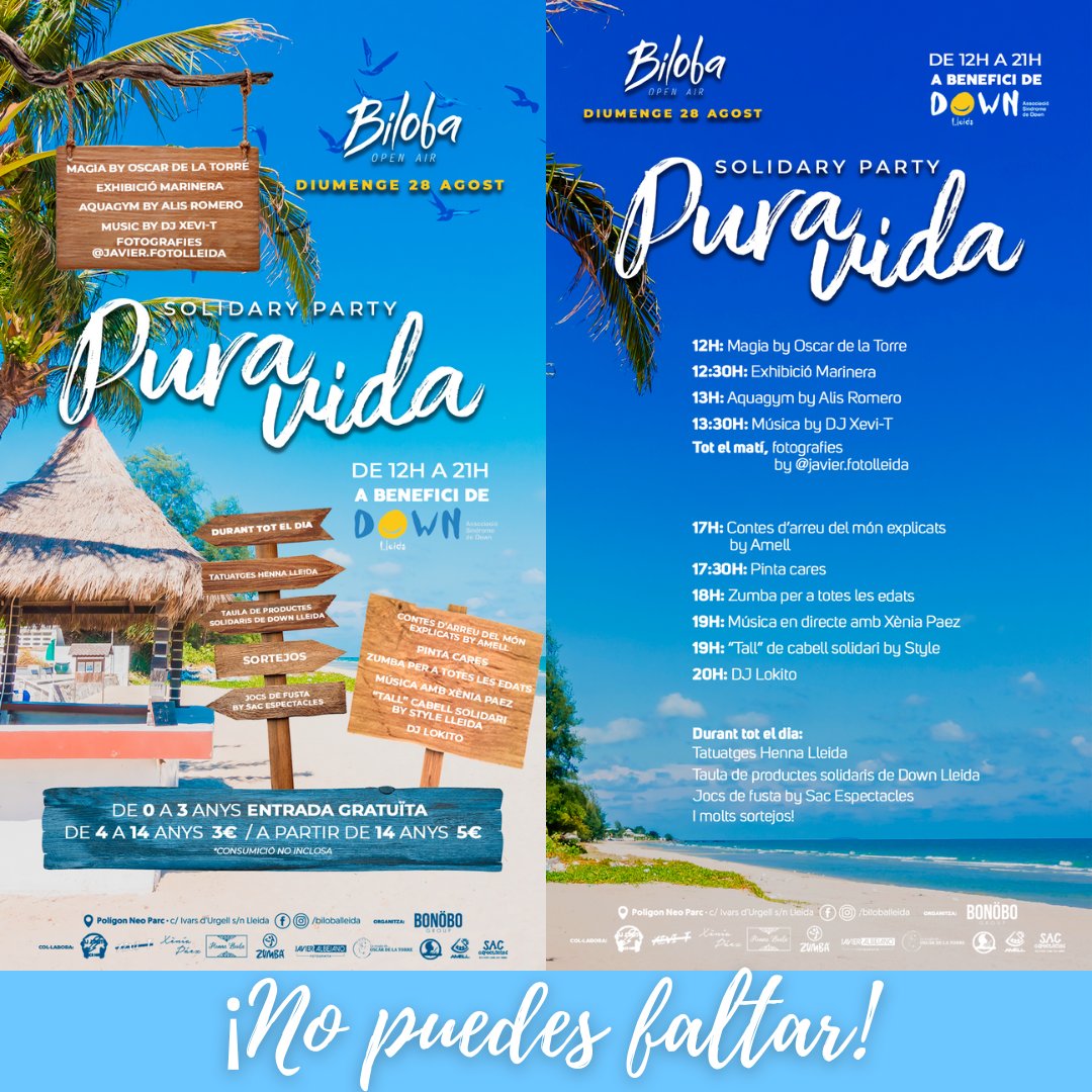 IbisTorrefarrer's tweet photo. Este domingo 28 de agosto, Solidary party Pura Vida 🥳🎉🎊 en #Biloba, a beneficio de Down Lleida.
¿Te lo vas a perder?
Ibis, siempre con Down Lleida. 🫶
@IbisLleida
@BudgetLleida
@IbisTorrefarrer
@OOPENIbisLleida
@DownLleida
#ibislleida #downlleida #biloballeida https://t.co/aHHMSifAw8