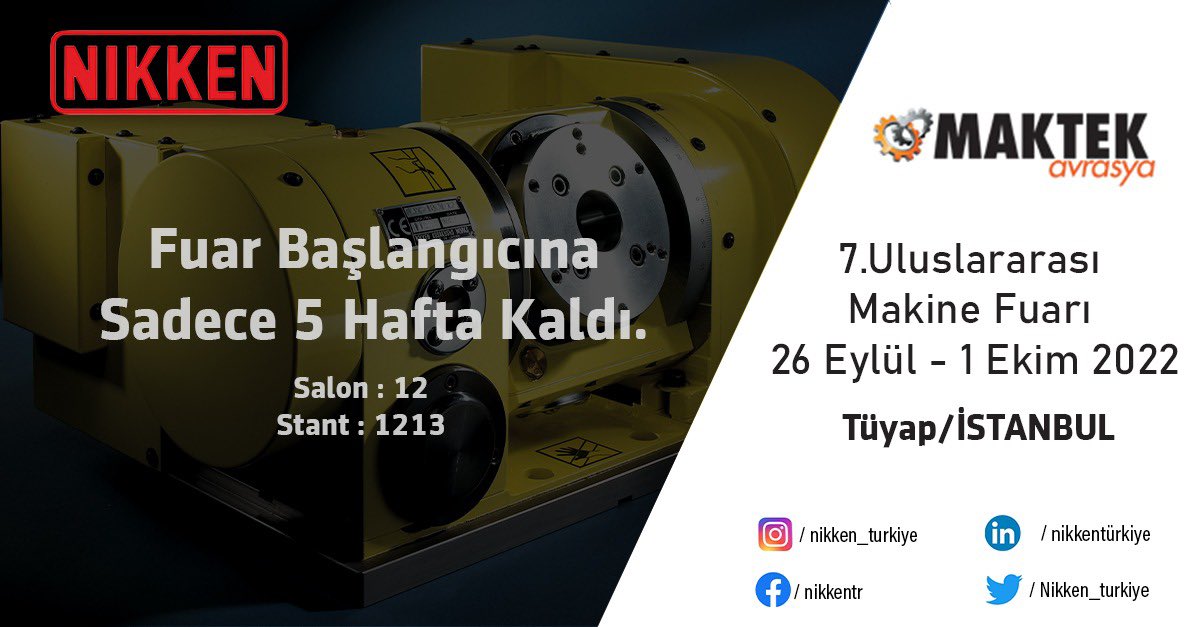 Nikken_Turkiye's tweet photo. 7. Uluslararası maktek makine fuarının başlamasına 5 hafta kaldı! Daha detaylı bilgi almak için https://t.co/Sgexc4oIYV adresinden veya bizimle https://t.co/Hg5aTRZPzt adresinden iletişime geçebilirsiniz. https://t.co/6ydUEIjNiS