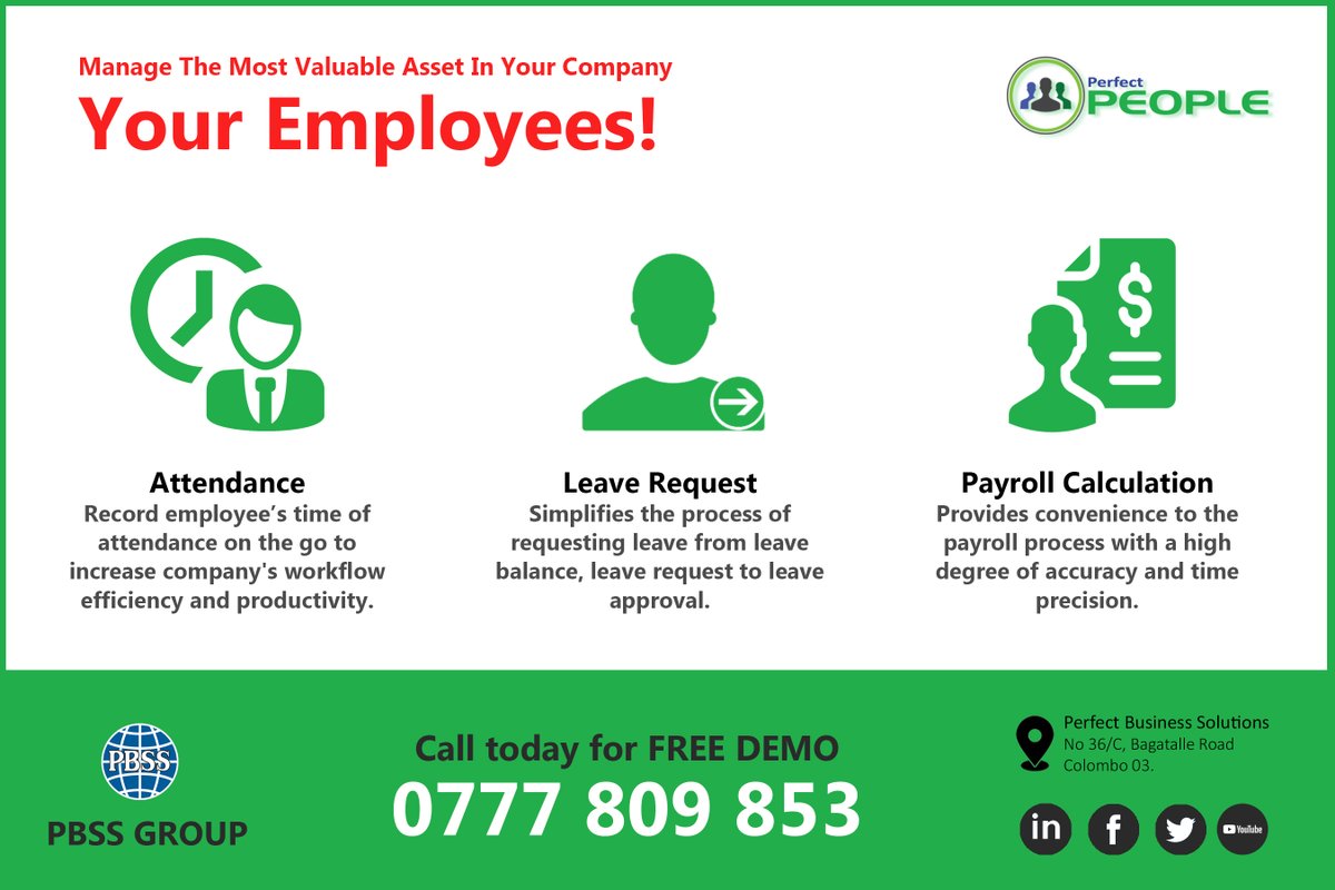 PBSSColombo's tweet photo. Manage The Most Valuable Asset In Your Company.
Your Employees! The Answer To All Of Your HR Management Needs with One Comprehensive Solution.

Connect with us at sales@perfectbss.com or Call Us on 0777809853.

#PerfectPeople #HR #hrsoftware #hrsolutions #CloudHR https://t.co/7DD6hKfrhx