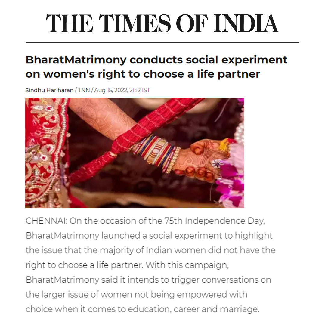matrimony's tweet photo. Times of India: BharatMatrimony conducts social experiment on women's right to choose a life partner. To find out more about the #BeChoosy campaign on Independence Day, go here https://t.co/bNz7Kk5Ncv

Watch campaign here https://t.co/AoItCJpePx https://t.co/bBYBdsgYAt