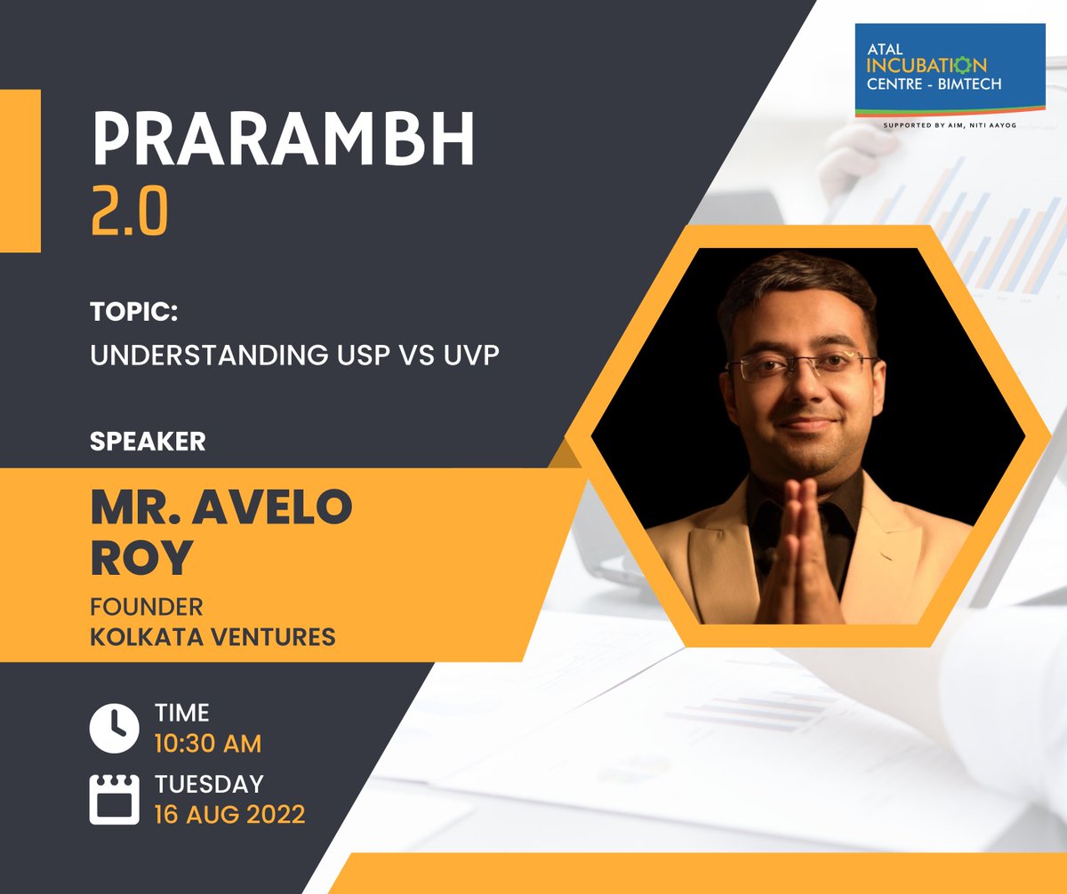 aicbimtech's tweet photo. #PRARAMBH 2.0
Another impactful session was taken by Mr. Avelo Roy, Founder of Kolkata Ventures on "Understanding Unique Selling Proposition &amp; Unique Value Proposition".
#aicbimtech #aicbimtechprograms https://t.co/bl0sWoyJIj
