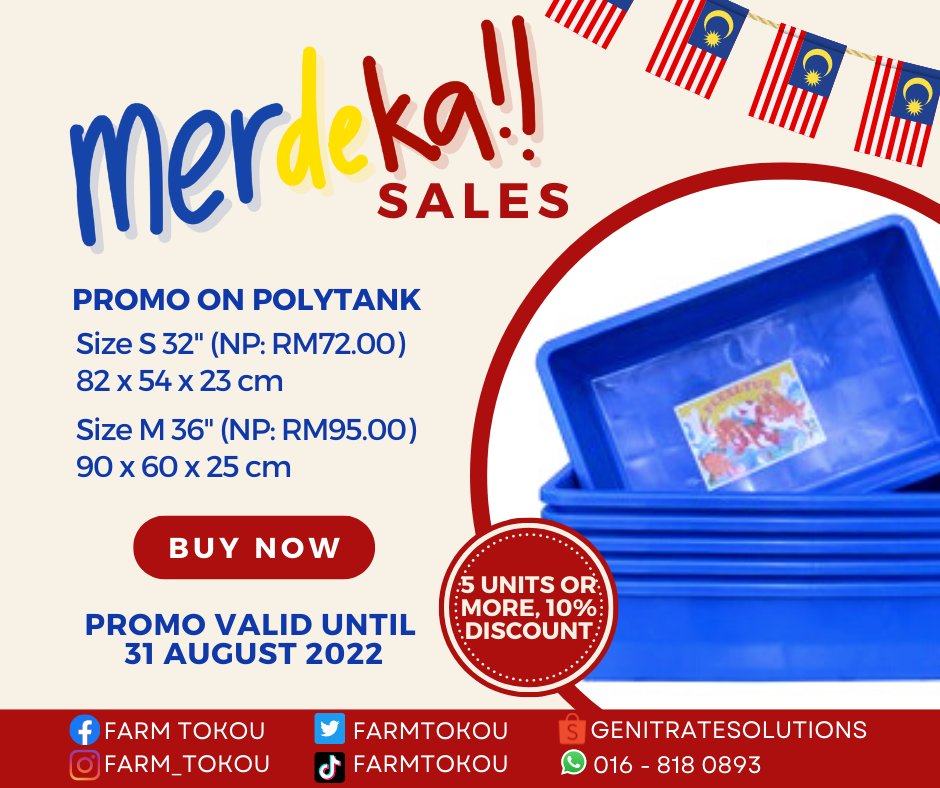 FarmTokou's tweet photo. 🇲🇾 Merdeka Sales is here! 🇲🇾
For the month of august, Farm Tokou will be having promotion on our polytank. For every purchase of five units or more, you will get a 10% discount.
#FarmTokou #aquaponic #kkcity #limbanak #penampang #organicfarming #merdekasales2022 #polytank https://t.co/bL2vNVMtwW