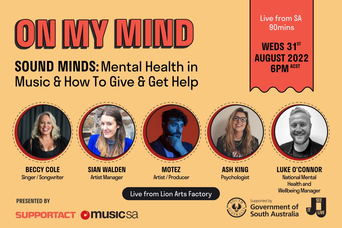 Don’t forget to join us in person for On My Mind - Sound Minds: Mental Health in Music &amp; How To Give &amp; Get Help On Weds 31 Aug at 6pm (ACST) at Lion Arts Factory, with <a href="/asha_king/">ash king</a>, <a href="/Dontlukenow/">Luke O'Connor</a>, <a href="/BecCole/">Beccy Cole</a>, <a href="/motez_music/">Motez</a> &amp; <a href="/sian_walden/">Sian Walden</a>.

Register now - bit.ly/3zYGdZ1